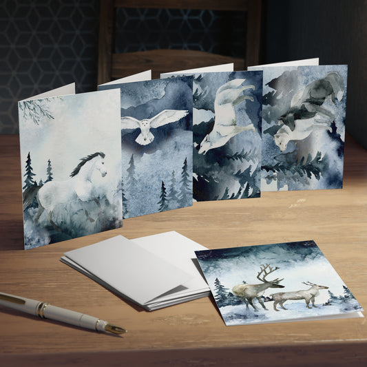 Mystic Winter Wildlife Greeting Card Set of 5 – Watercolor Notecards with Enchanted Snowy Scenes