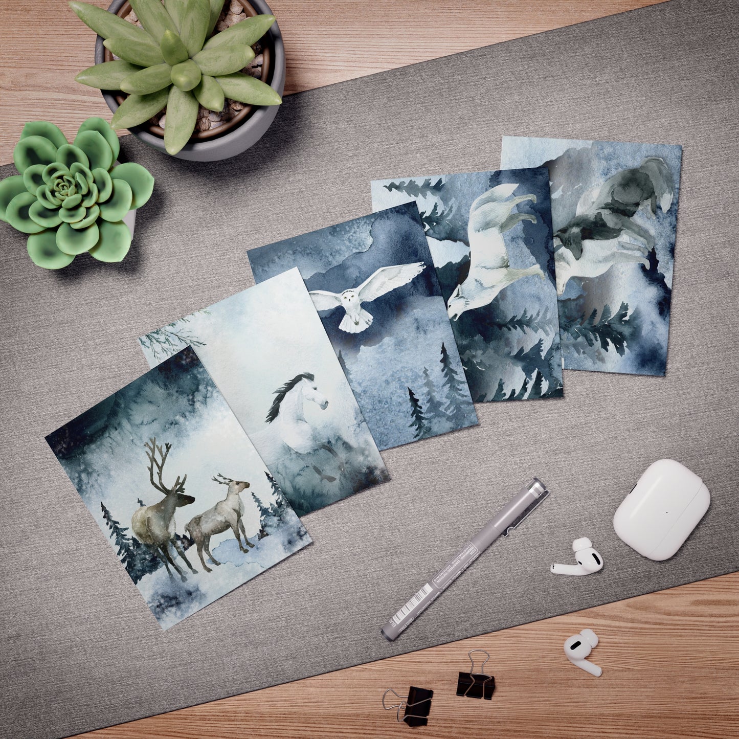 Mystic Winter Wildlife Greeting Card Set of 5 – Watercolor Notecards with Enchanted Snowy Scenes
