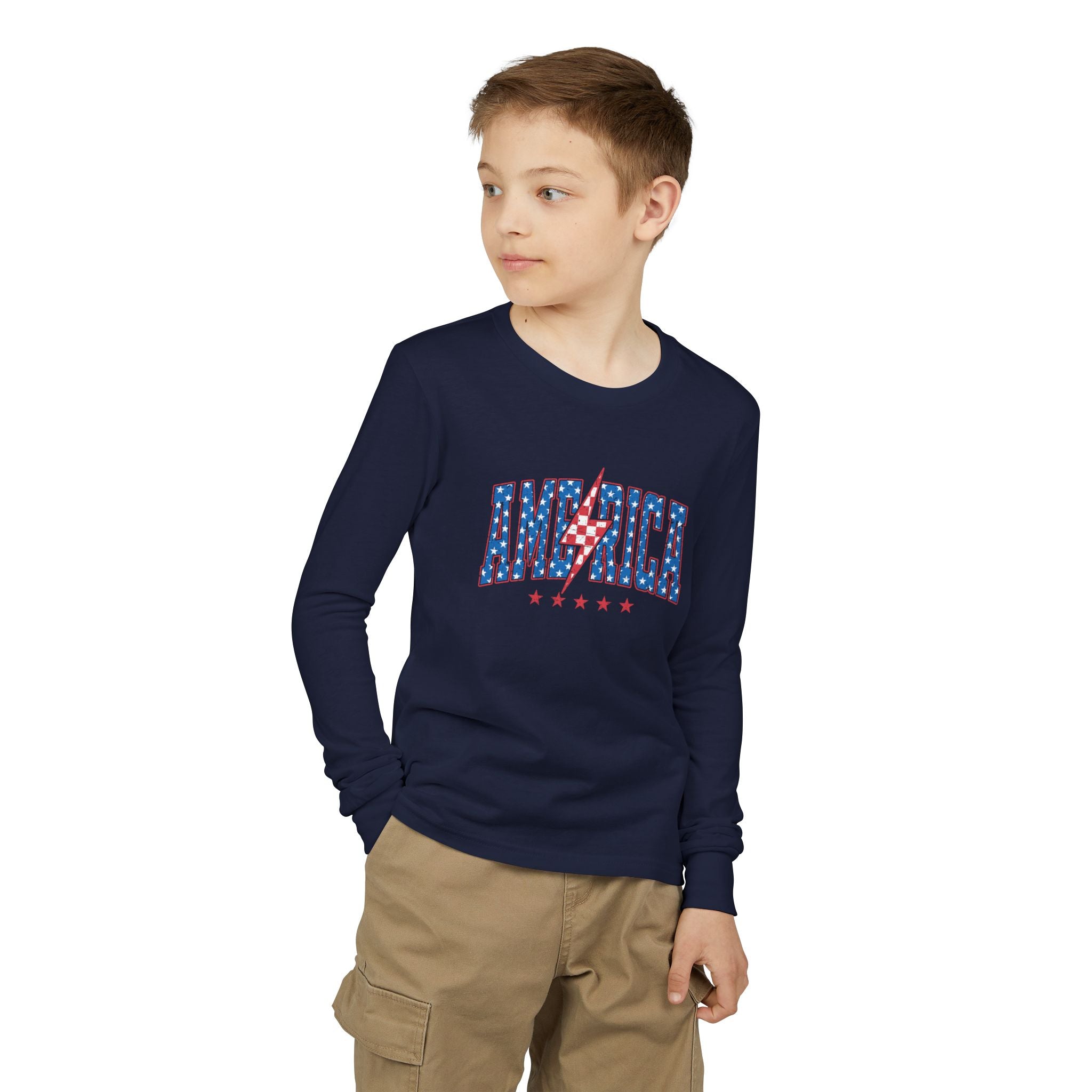 AMERICA Lightning Bolt Youth Long Sleeve Tee | Retro Patriotic Kids Shirt