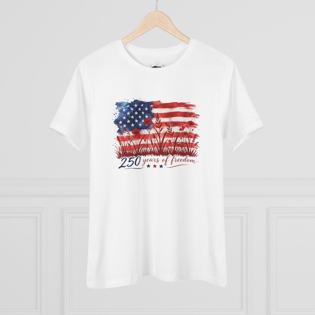 250 Years of Freedom Women's Cotton Tee | Wildflower American Flag Shirt