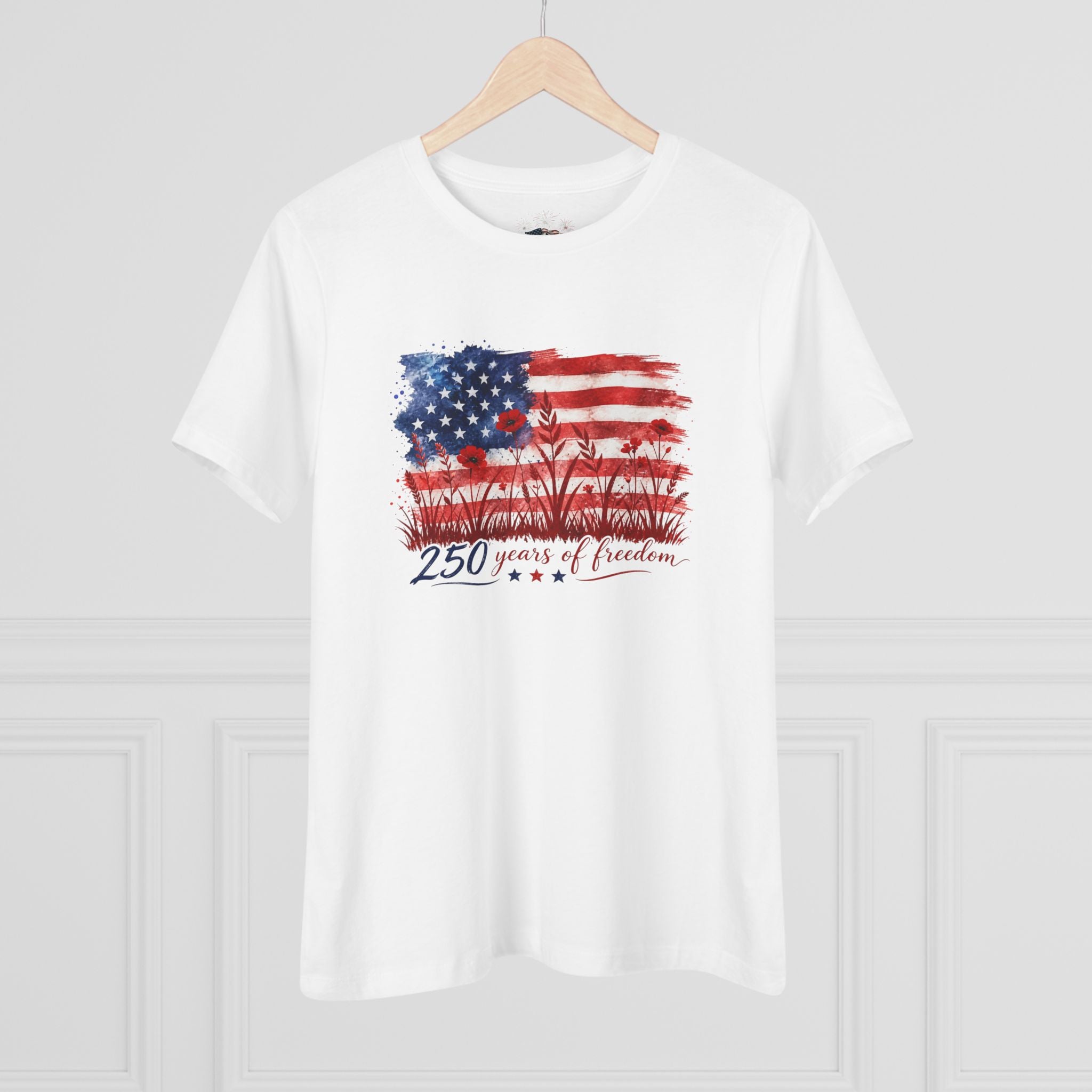 250 Years of Freedom Women's Cotton Tee | Wildflower American Flag Shirt