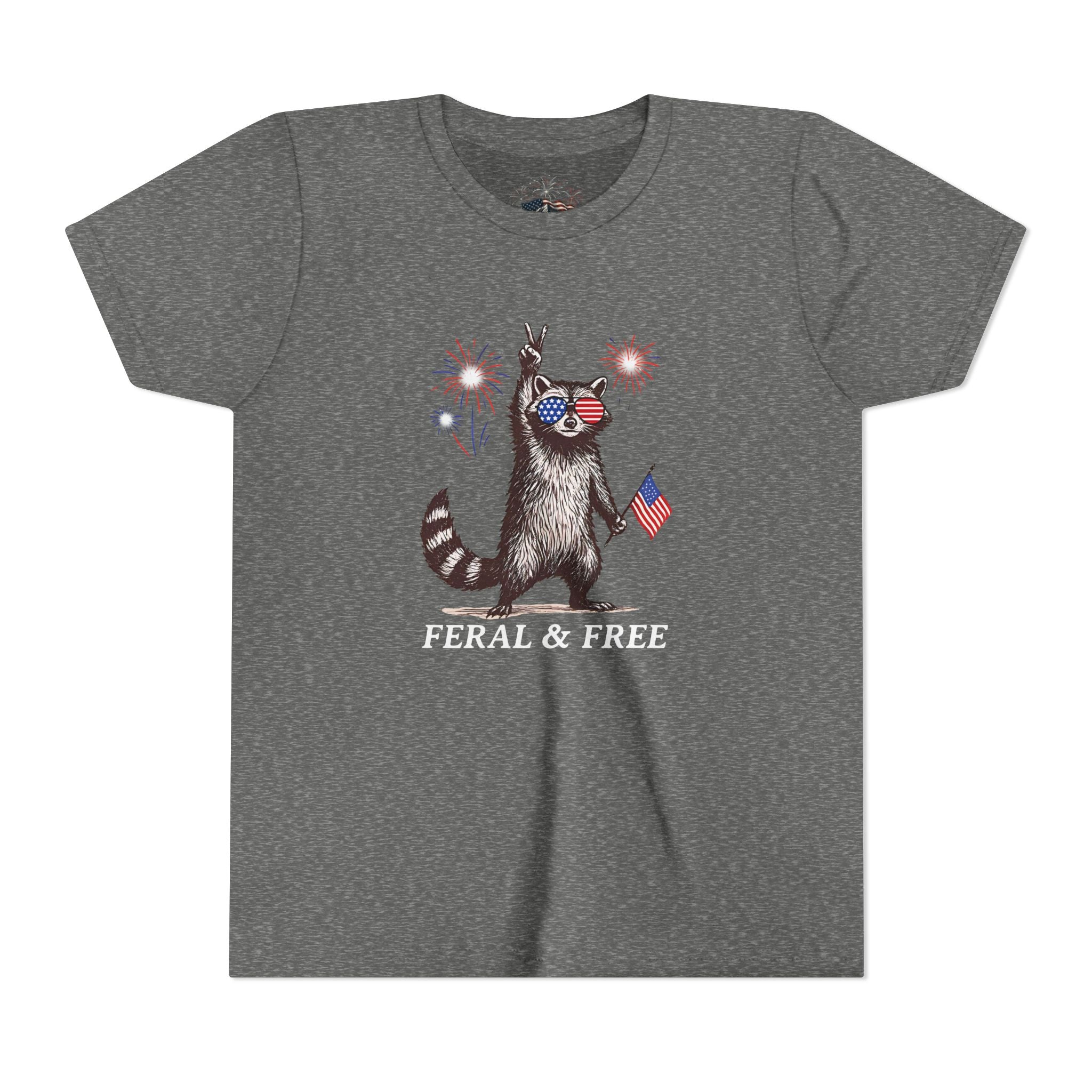 FERAL & FREE Youth Short Sleeve Tee | Patriotic Raccoon USA Shirt