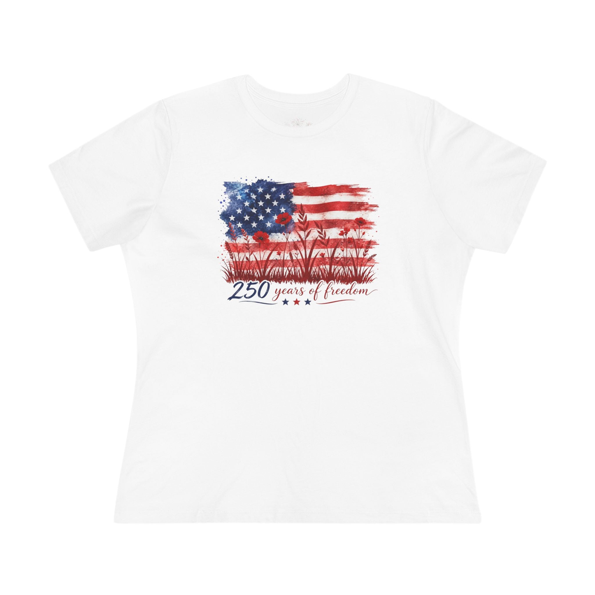 250 Years of Freedom Women's Cotton Tee | Wildflower American Flag Shirt