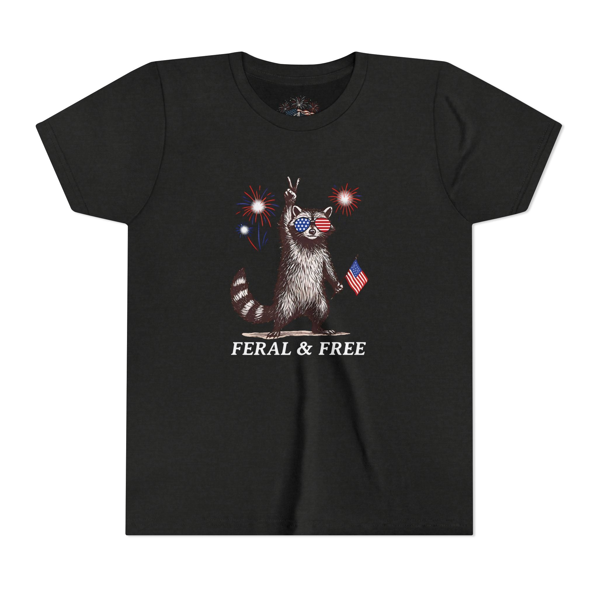 FERAL & FREE Youth Short Sleeve Tee | Patriotic Raccoon USA Shirt