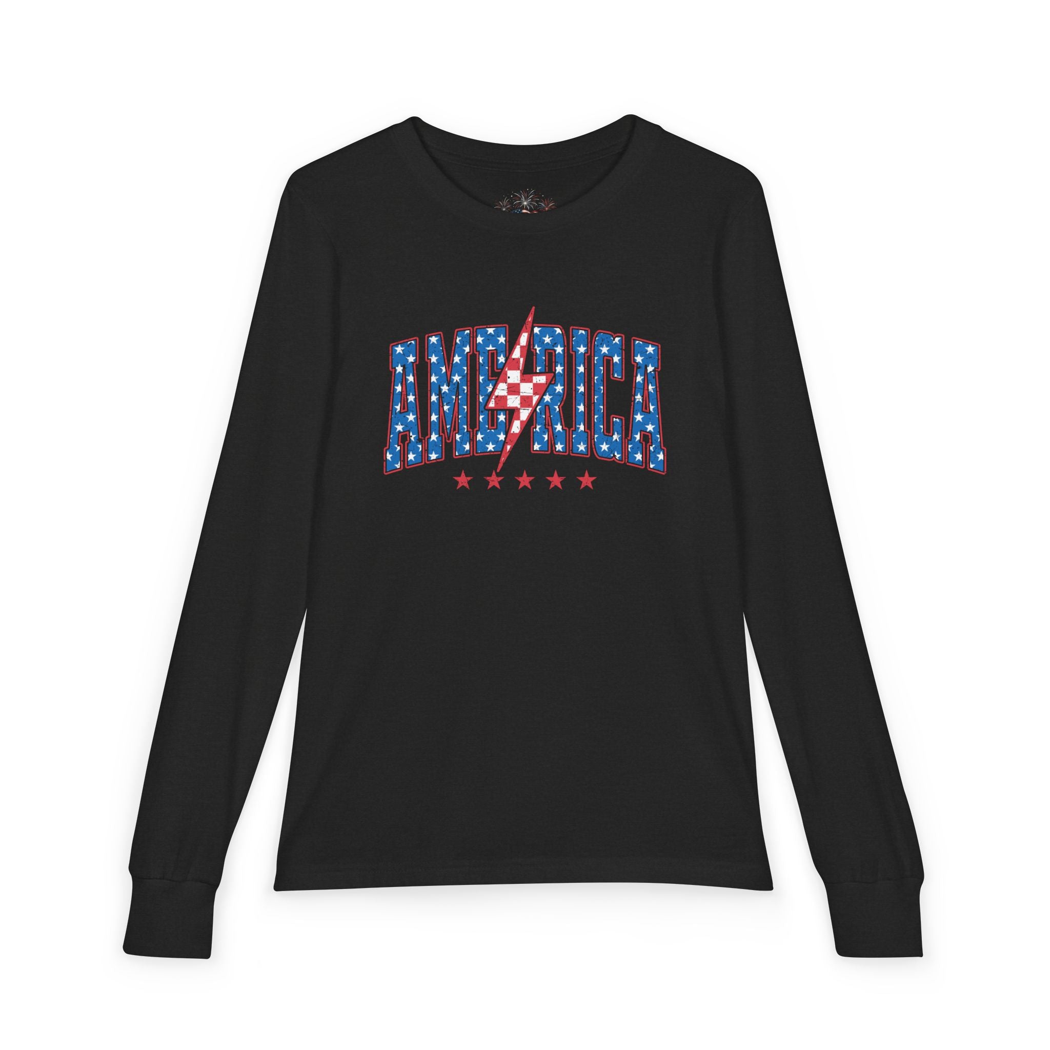 AMERICA Lightning Bolt Youth Long Sleeve Tee | Retro Patriotic Kids Shirt