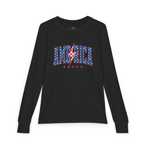 AMERICA Lightning Bolt Youth Long Sleeve Tee | Retro Patriotic Kids Shirt