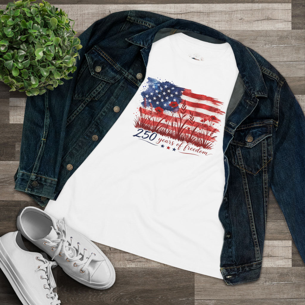250 Years of Freedom Women's Cotton Tee | Wildflower American Flag Shirt