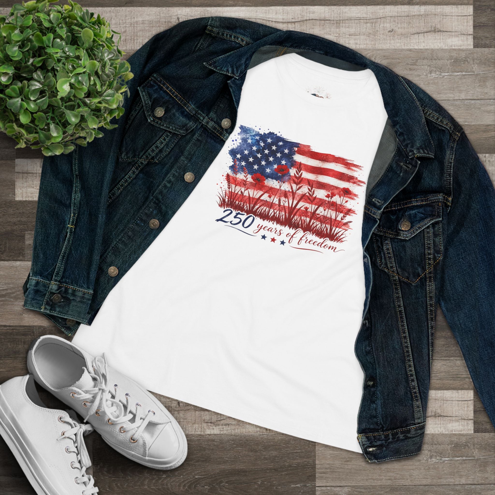 250 Years of Freedom Women's Cotton Tee | Wildflower American Flag Shirt