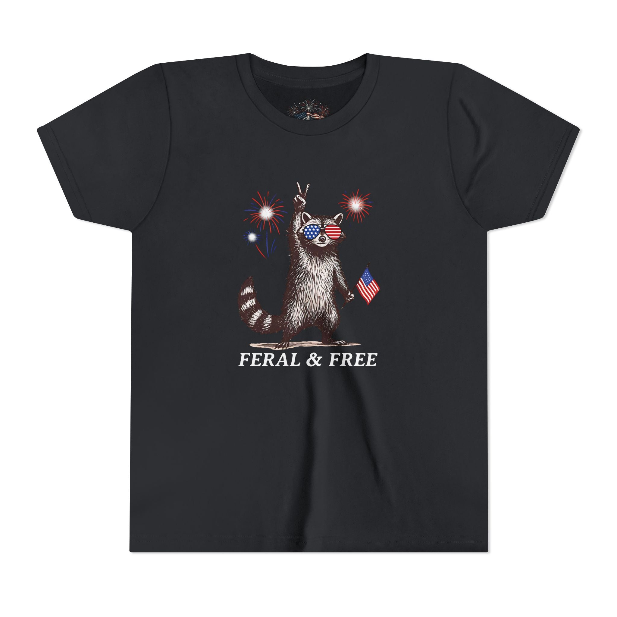 FERAL & FREE Youth Short Sleeve Tee | Patriotic Raccoon USA Shirt