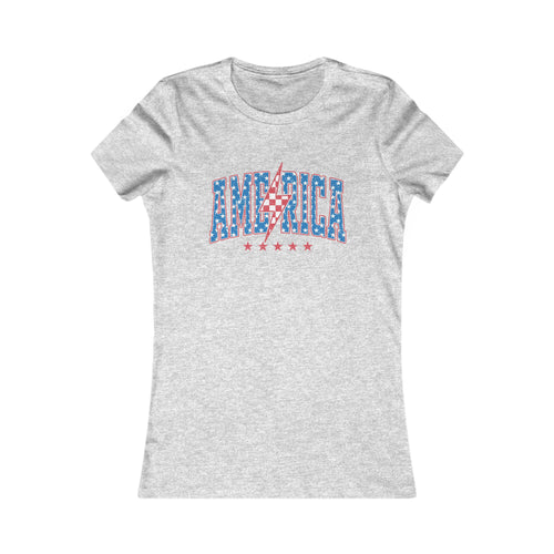 AMERICA Lightning Bolt Women's Graphic Tee | Retro Patriotic Shirt