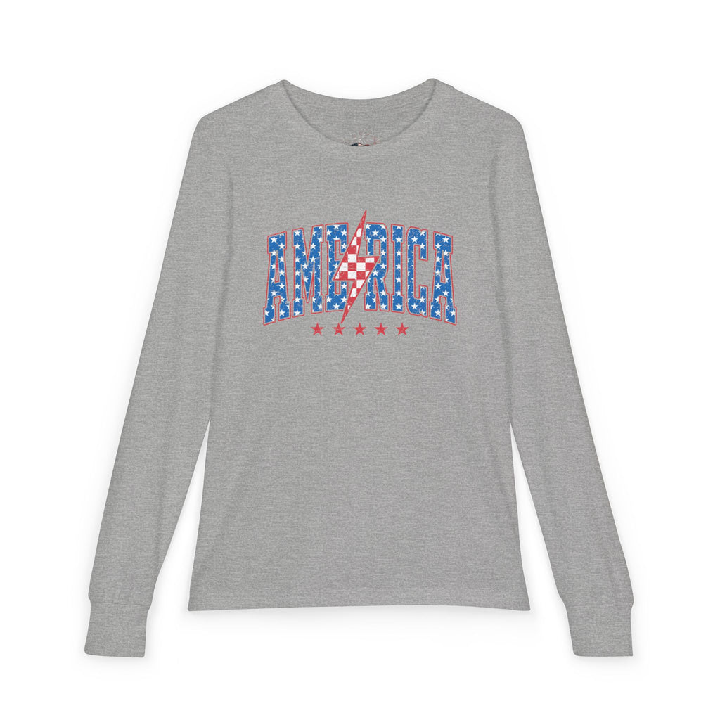 AMERICA Lightning Bolt Youth Long Sleeve Tee | Retro Patriotic Kids Shirt
