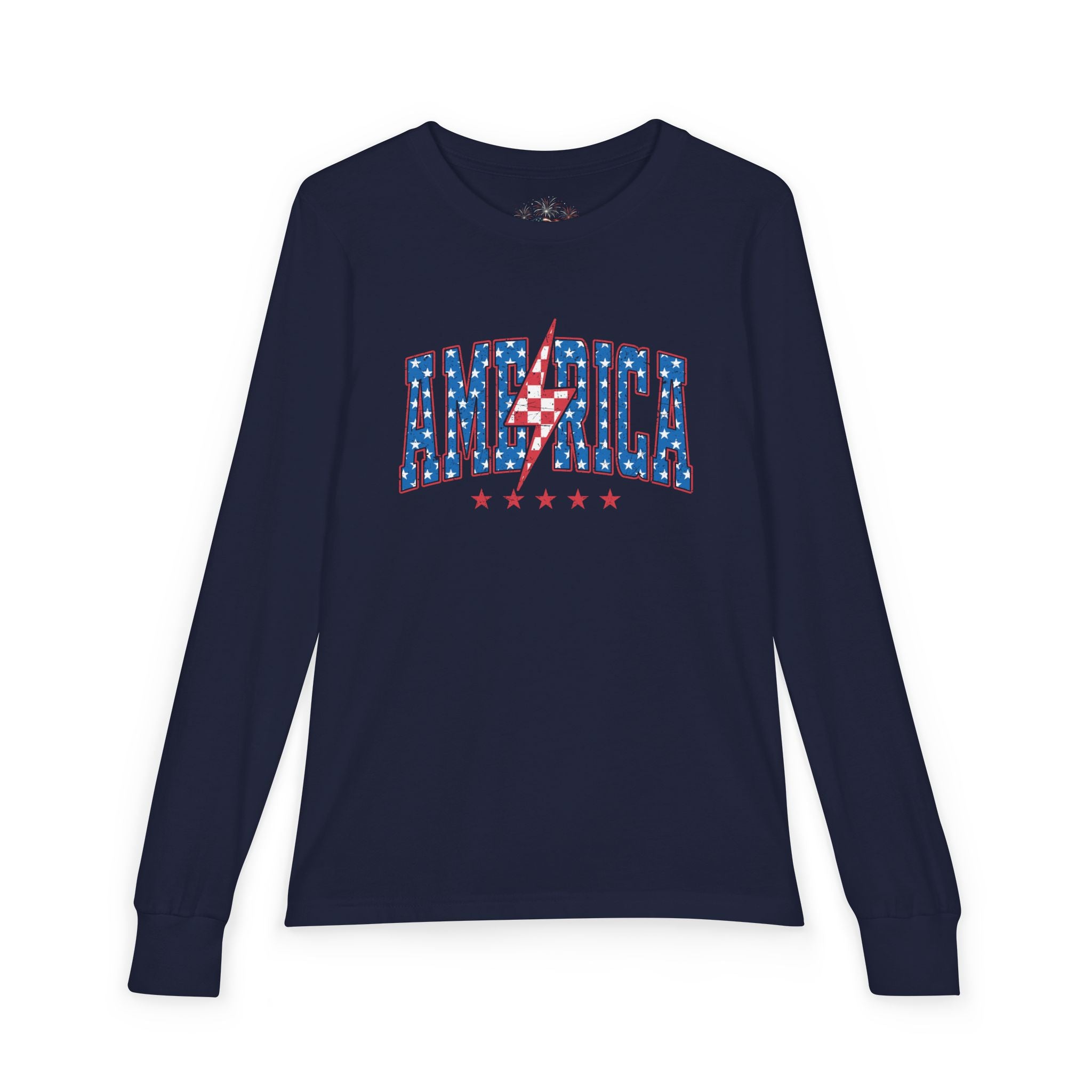 AMERICA Lightning Bolt Youth Long Sleeve Tee | Retro Patriotic Kids Shirt