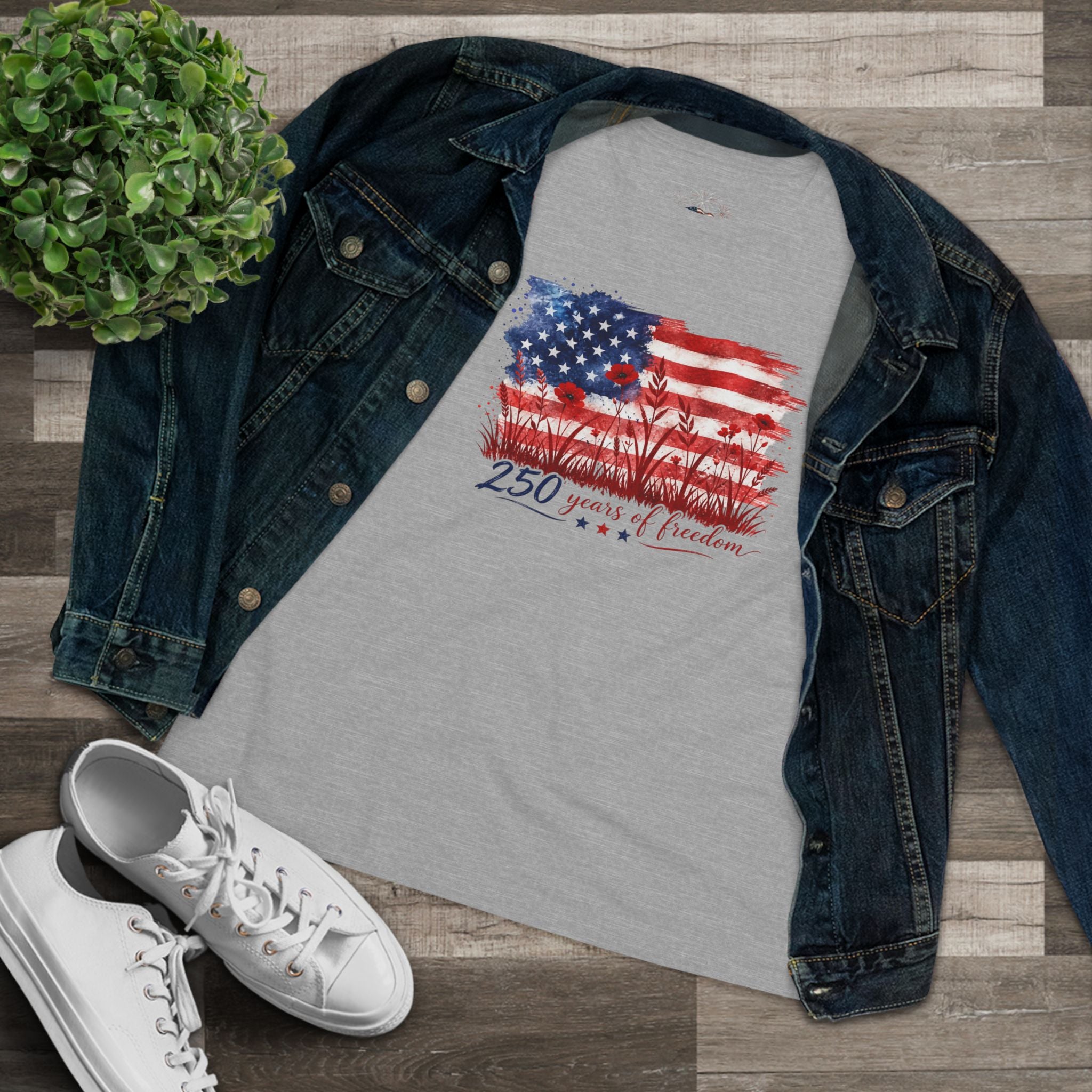 250 Years of Freedom Women's Cotton Tee | Wildflower American Flag Shirt