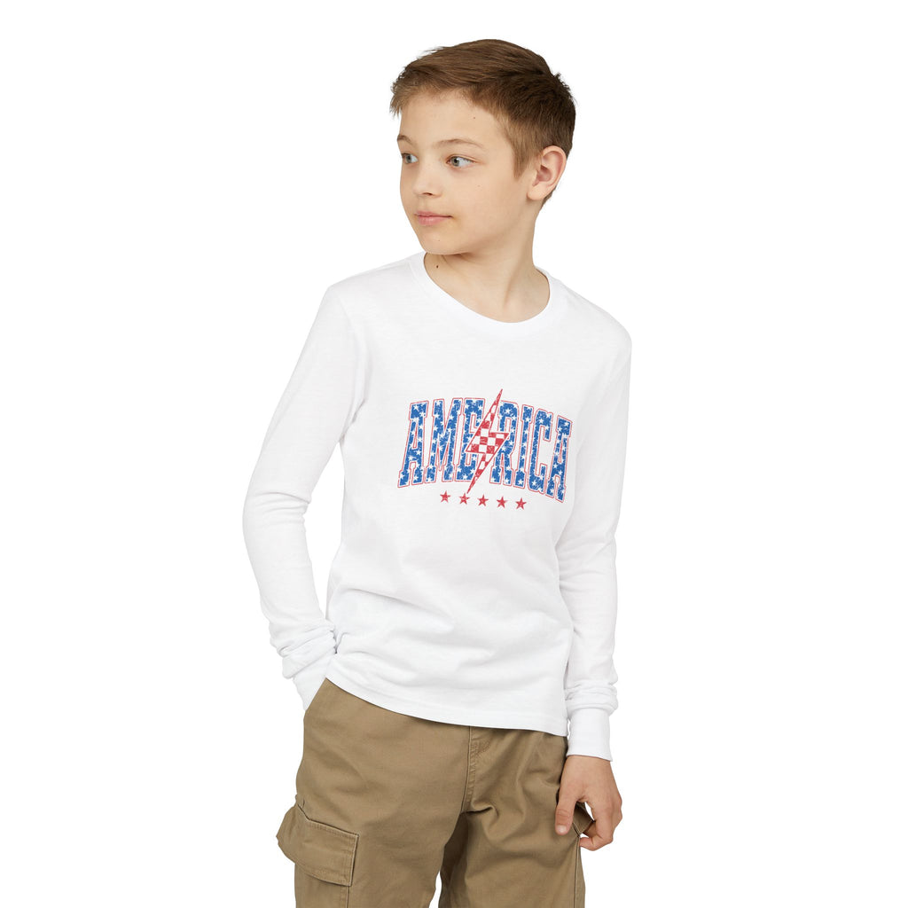 AMERICA Lightning Bolt Youth Long Sleeve Tee | Retro Patriotic Kids Shirt