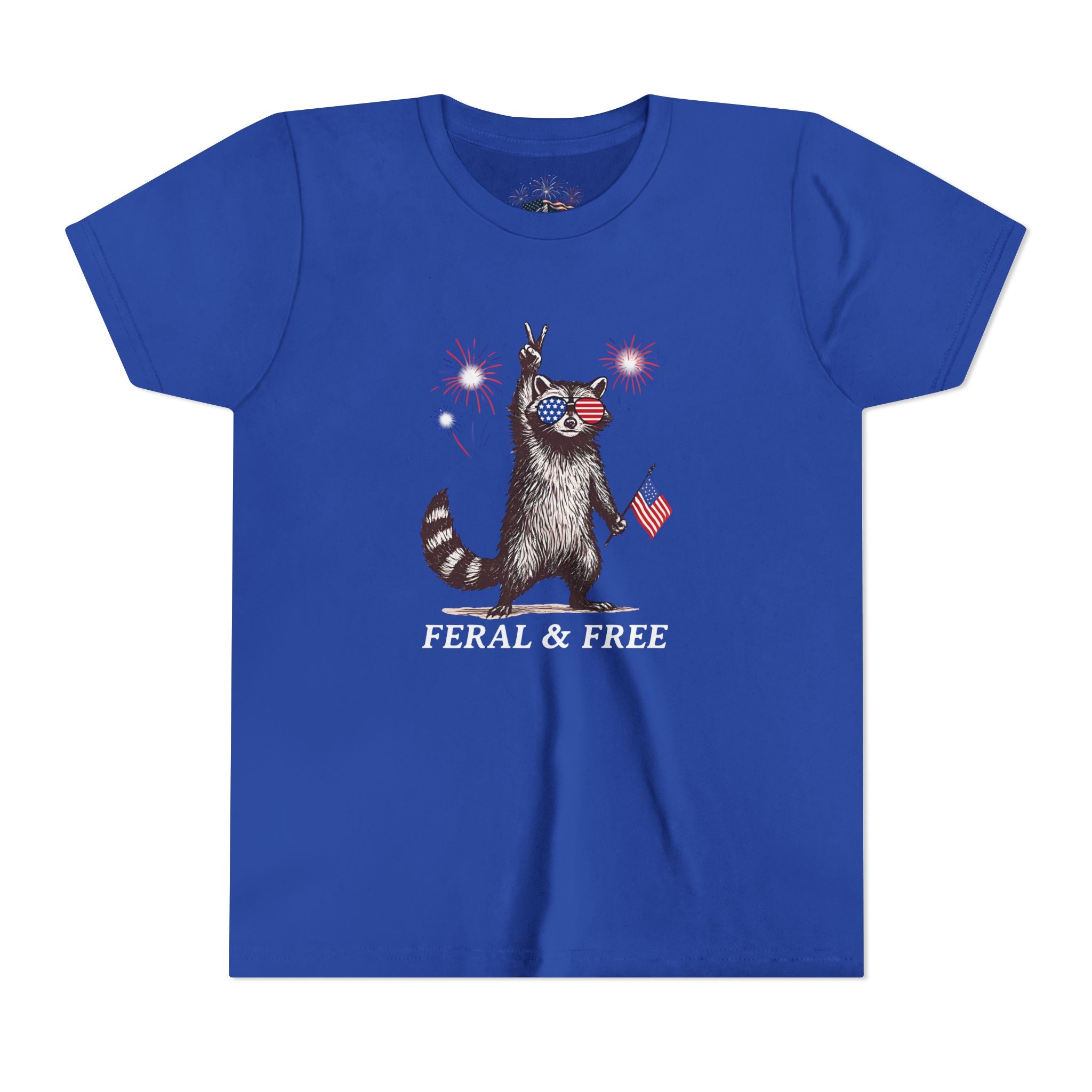 FERAL & FREE Youth Short Sleeve Tee | Patriotic Raccoon USA Shirt