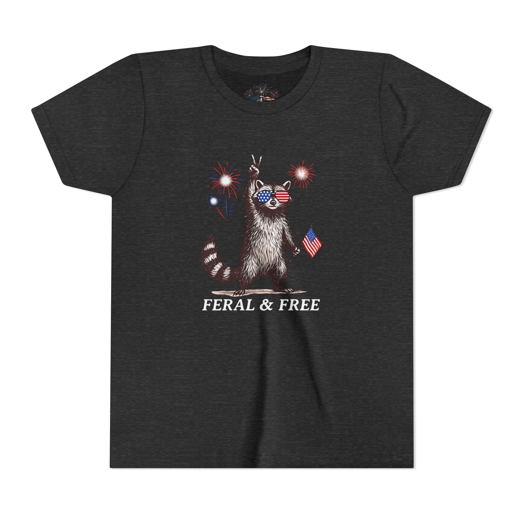FERAL & FREE Youth Short Sleeve Tee | Patriotic Raccoon USA Shirt