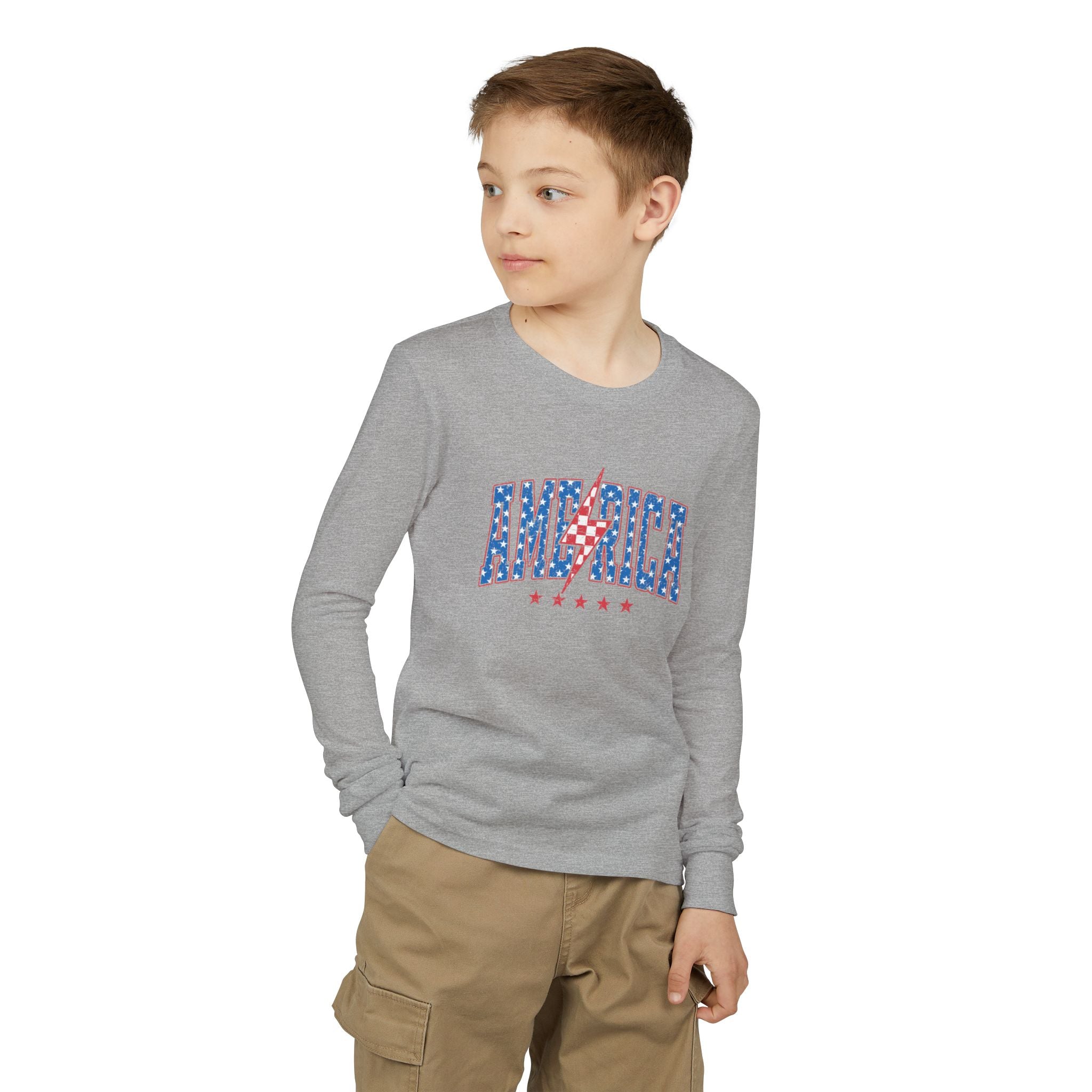 AMERICA Lightning Bolt Youth Long Sleeve Tee | Retro Patriotic Kids Shirt