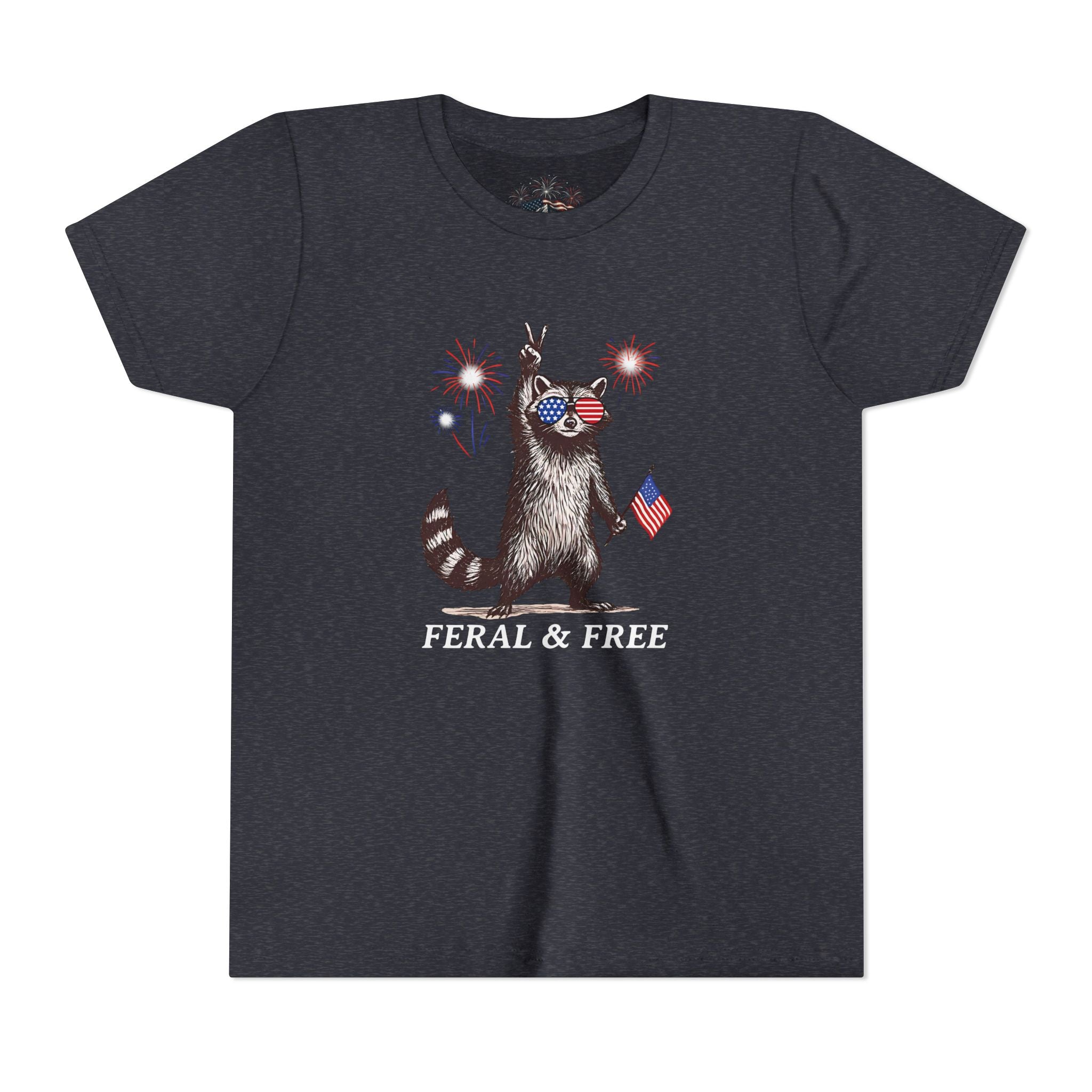 FERAL & FREE Youth Short Sleeve Tee | Patriotic Raccoon USA Shirt