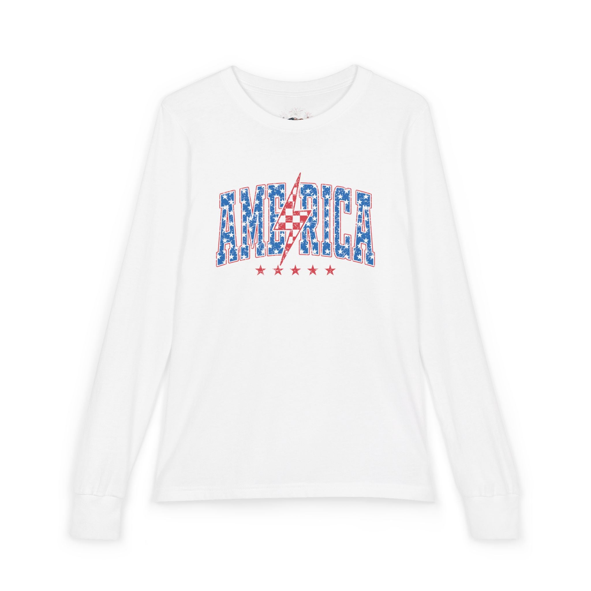AMERICA Lightning Bolt Youth Long Sleeve Tee | Retro Patriotic Kids Shirt