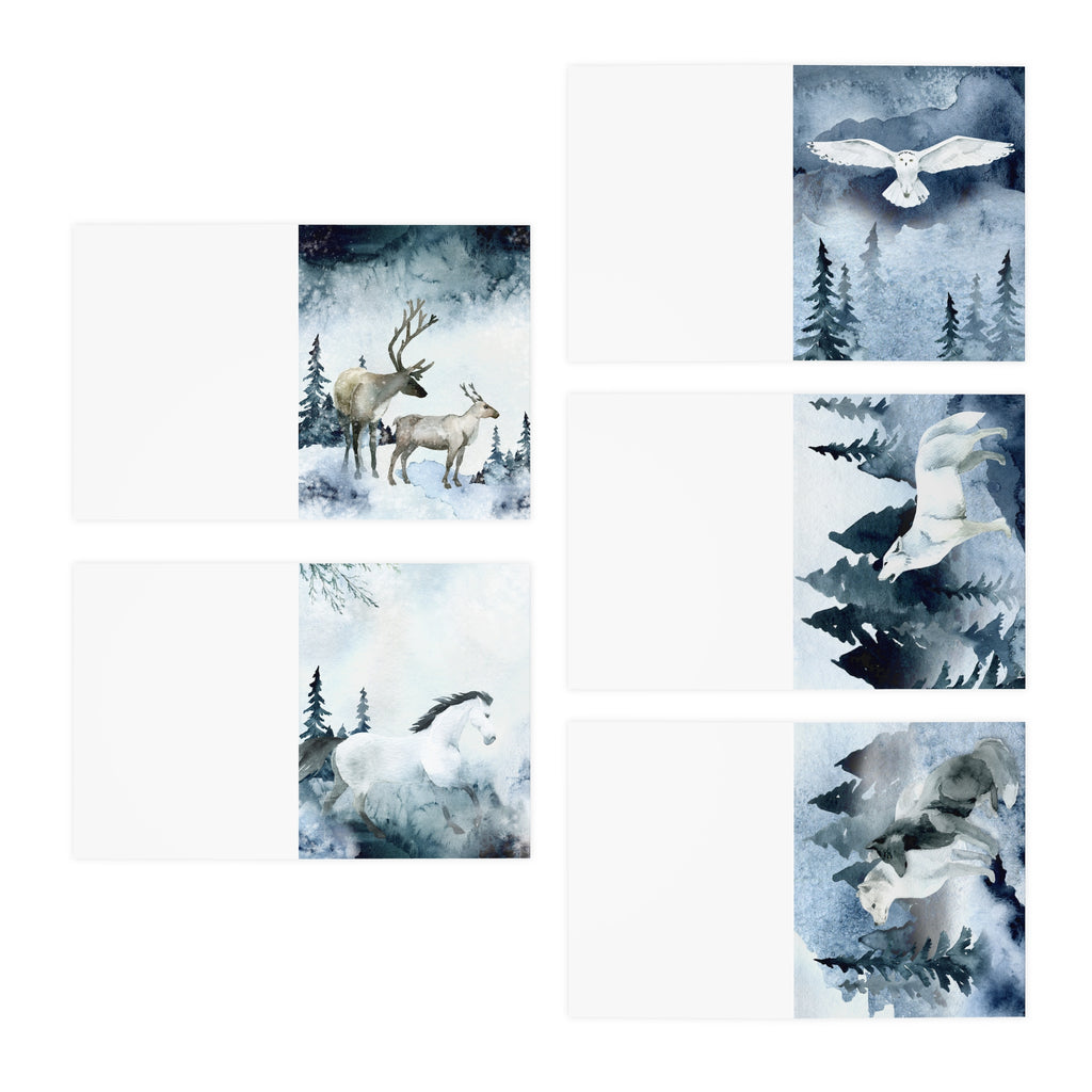 Mystic Winter Wildlife Greeting Card Set of 5 – Watercolor Notecards with Enchanted Snowy Scenes