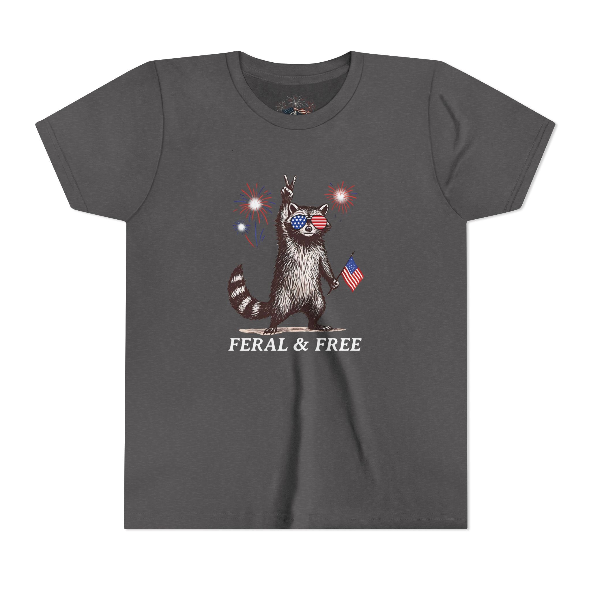 FERAL & FREE Youth Short Sleeve Tee | Patriotic Raccoon USA Shirt