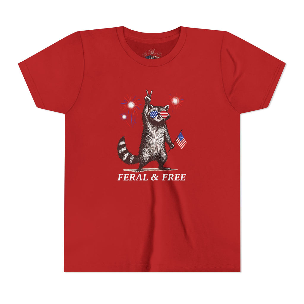 FERAL & FREE Youth Short Sleeve Tee | Patriotic Raccoon USA Shirt