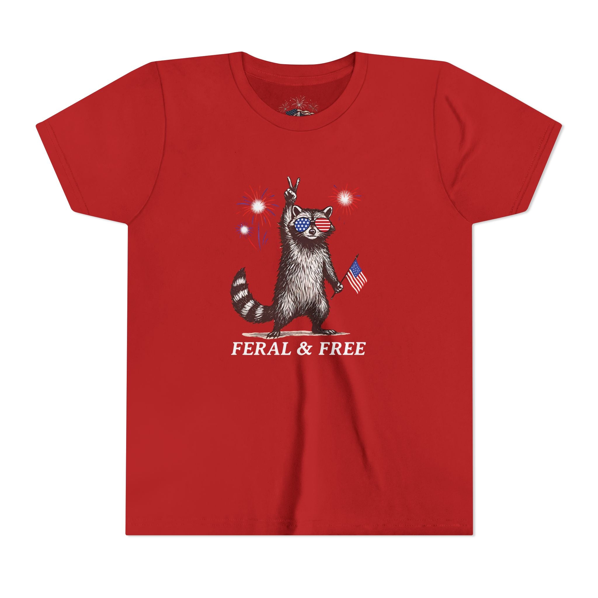 FERAL & FREE Youth Short Sleeve Tee | Patriotic Raccoon USA Shirt