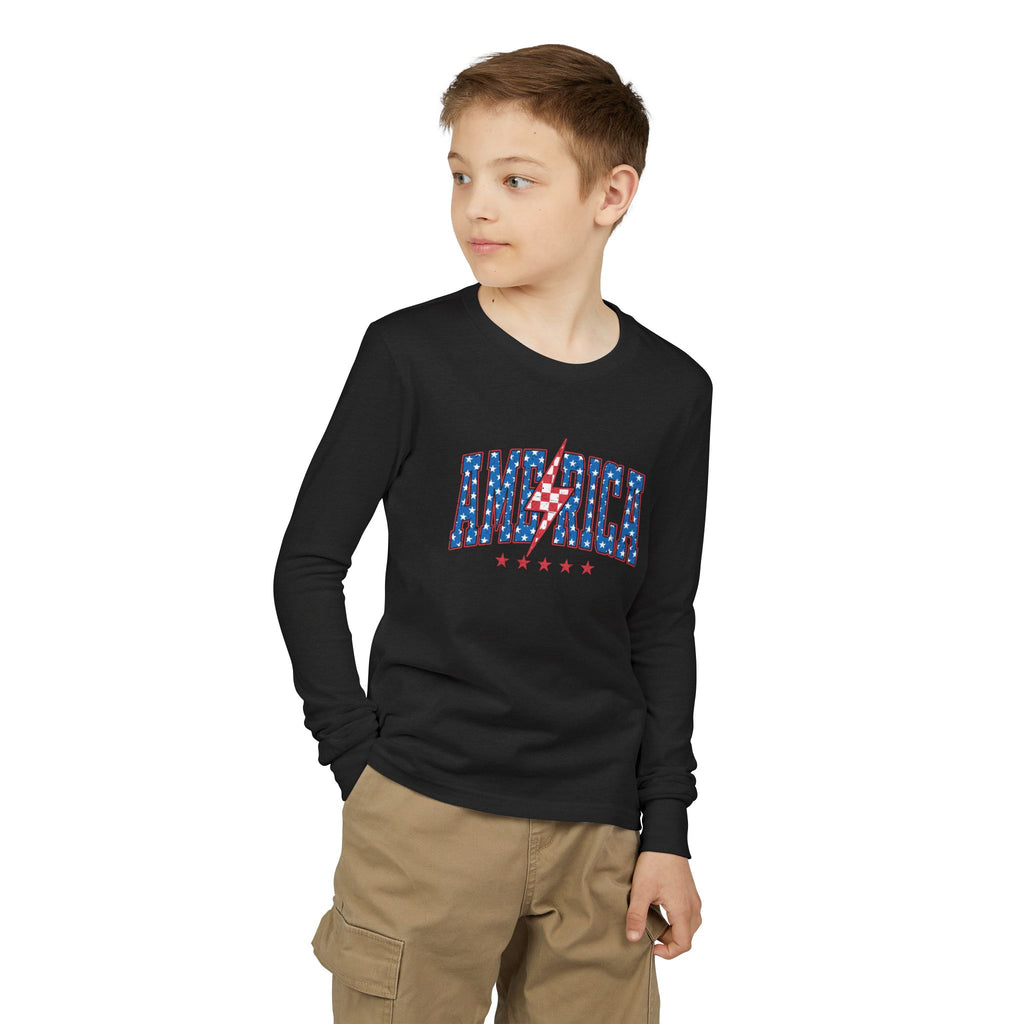 AMERICA Lightning Bolt Youth Long Sleeve Tee | Retro Patriotic Kids Shirt