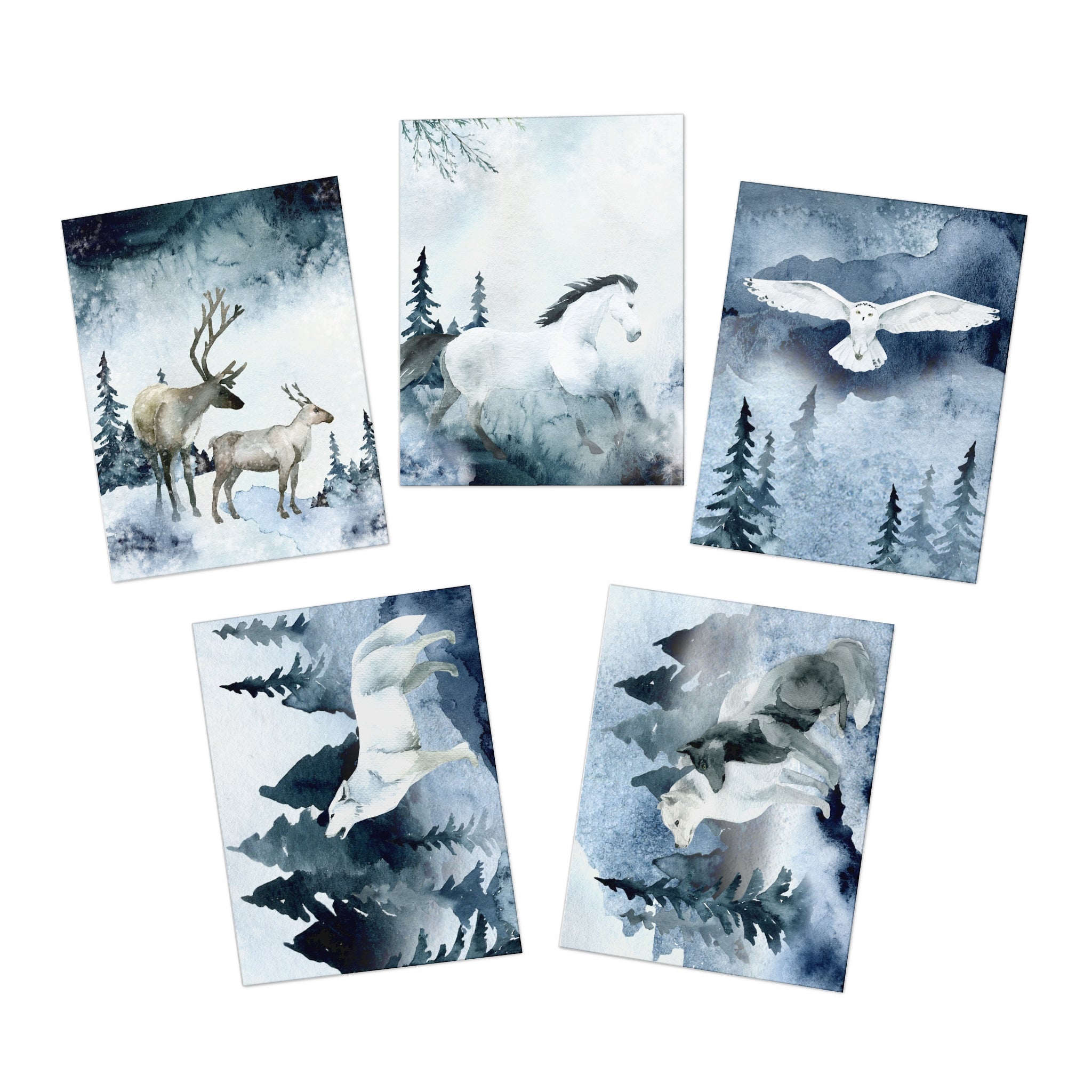 Mystic Winter Wildlife Greeting Card Set of 5 – Watercolor Notecards with Enchanted Snowy Scenes