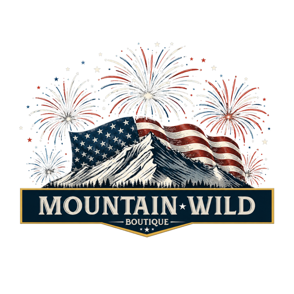 Logo of Mountain Wild Boutique with an American flag and fireworks on a mountain background.